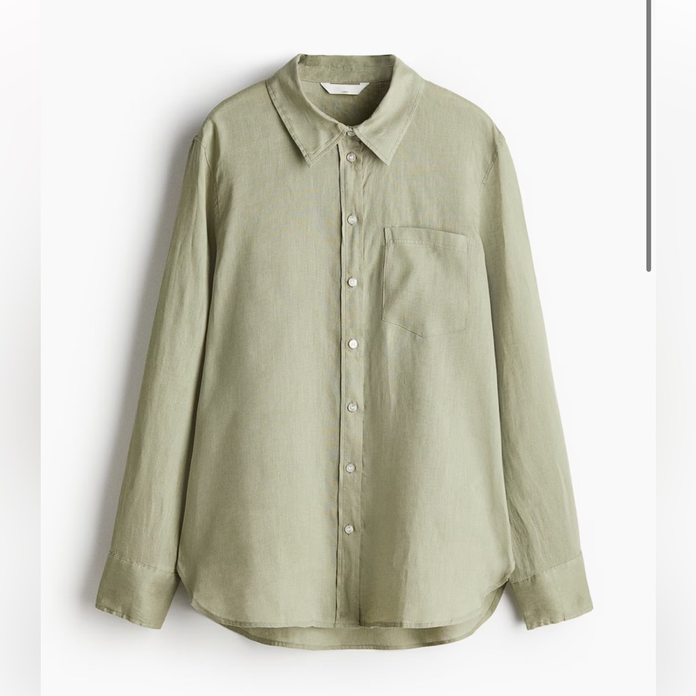H&M Linen 100% Button Down Shirt Sz XXL Boyfriend Light Khaki Green Relaxed NEW